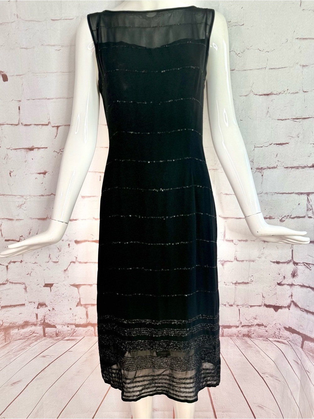 SIGRID OLSEN Black Sheath Sheer Overlay Metallic Thread 10 Cocktail Party Dress - Picture 14 of 14